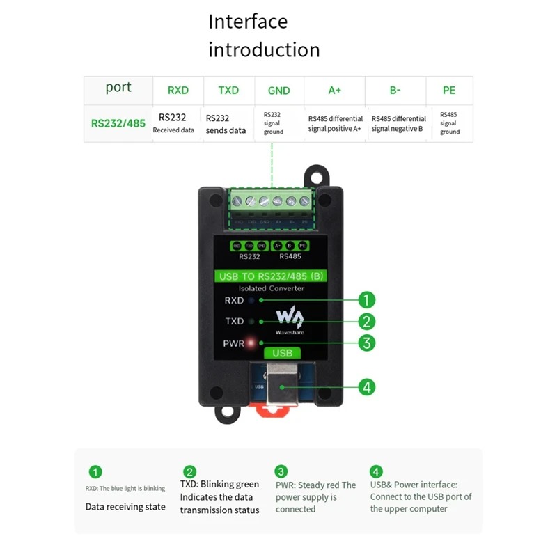 Waveshare Din Rail USB To RS232/485 Industrial Grade Isolated Converter FT232RNL Support Wall-Mount And Rail-Mount, Durable