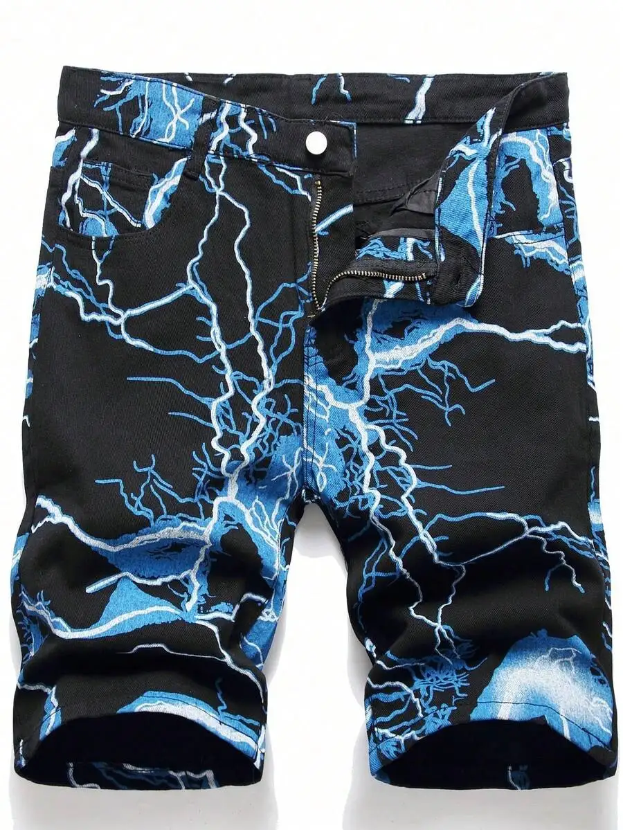 

Mens Loose Fit Lightning Print Denim Shorts Casual Summer