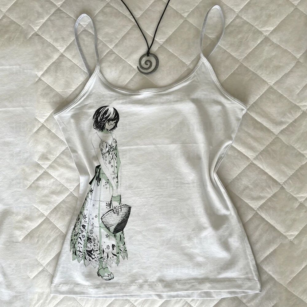 Summer European and American Cross-border White Anime Manga Print Cami Top Slim Fit Sleeveless Streetwear Top Women's