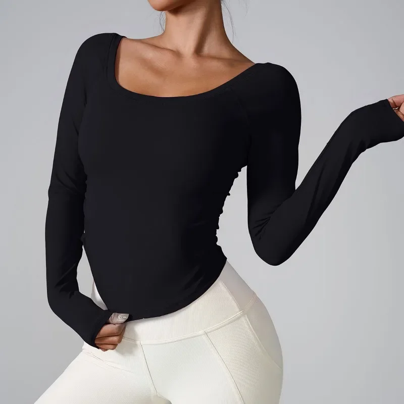 Long Sleeve Seamless Fitness Wear Square Neck Yoga Top Wear Women\'s Running Athletic Gym Workout Shirt With Thumb Holes