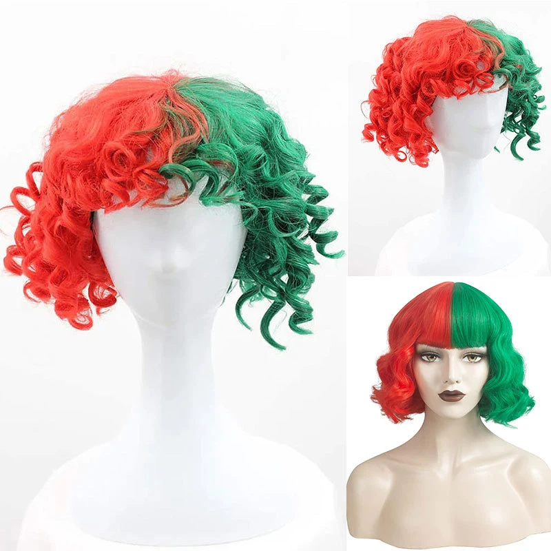 : Fluffy red and green two-tone short curly hair wig
