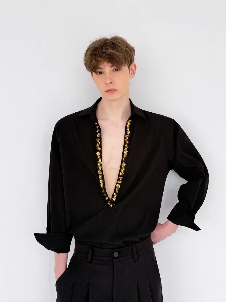 Hot Sale Chic Mens Sequin Deep V-Neck Long Sleeved Shirts Turndown Collar Loose Fit Retro Nightclub Style Fashion Men Model Tops