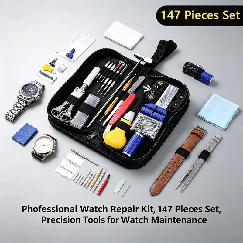 147Pcs Watch Repair Tool Kit Professional Watchmaker Set for Battery Replacement Strap Adjustment Back Opener Pin Remover