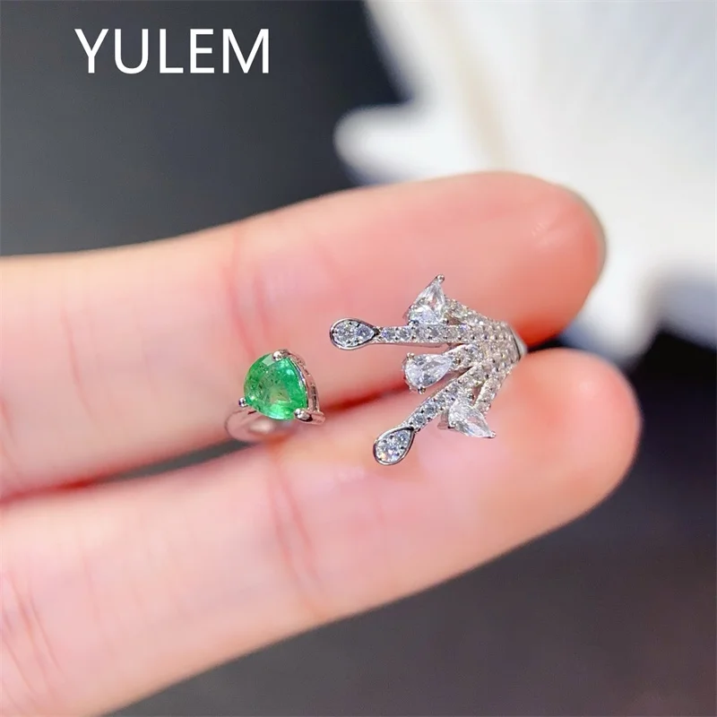 YULEM 4x5mm Water Drop Simpel Natural Emerald Resizable Ring Silver 925 for Women Daily Wear