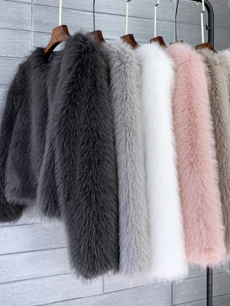 Women Imitation Faux Fur Coat Solid Color Plush Warm Jacket Loose Slim Fit Long Sleeve Thick Cardigan High Street 2024 Autumn