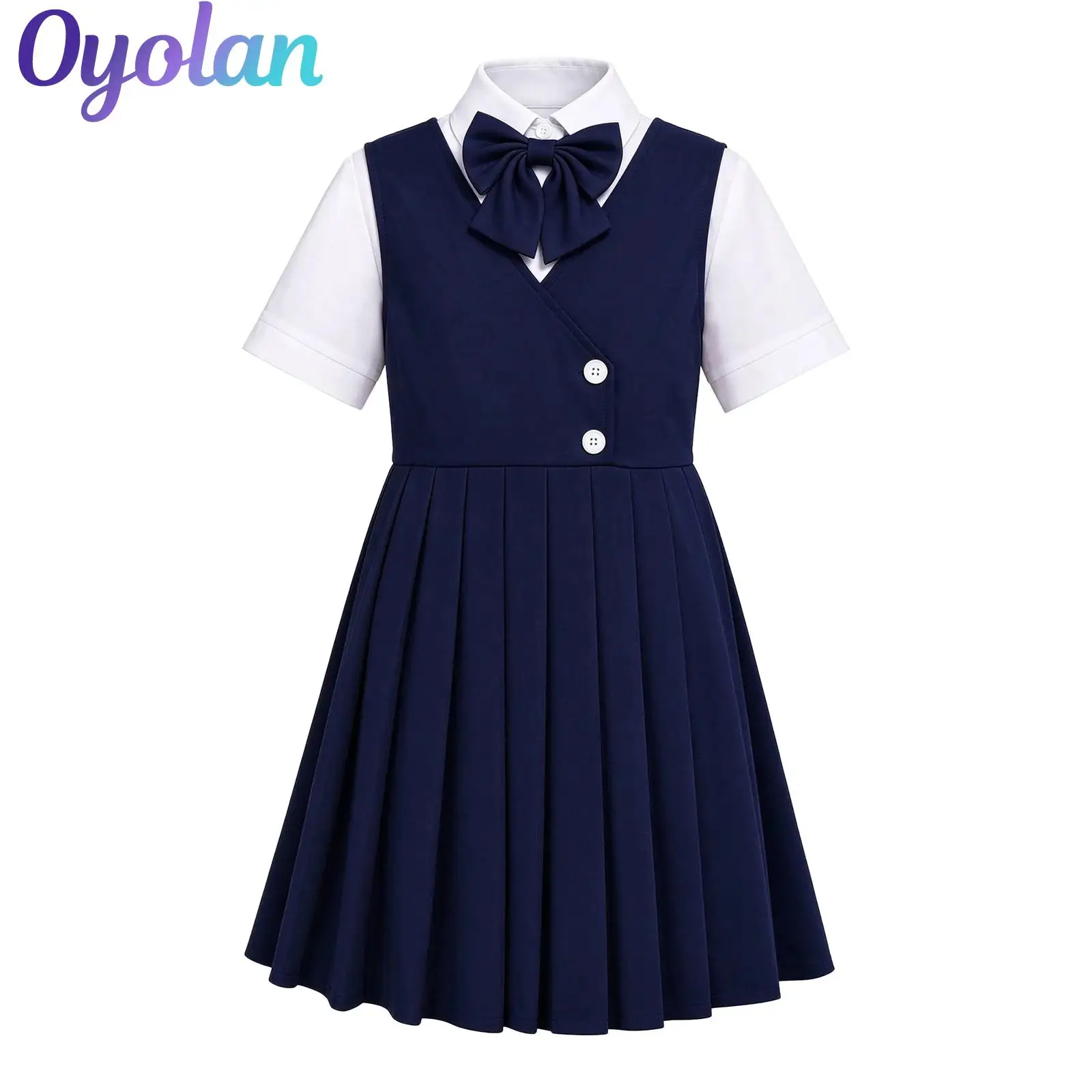 Girls Pleated Jumper Dress Set Academy School Uniform White Shirt Bowtie Children School Choir Graduation Performance Costume
