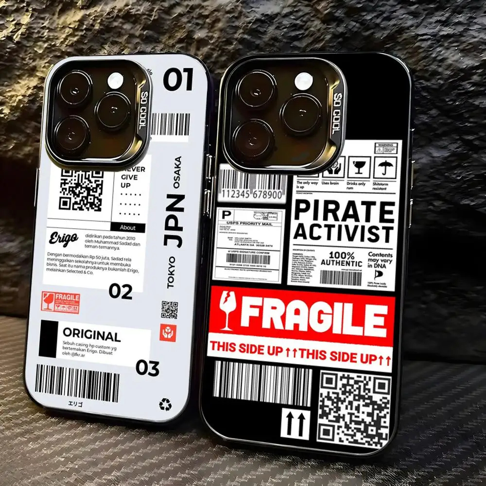 Étui de téléphone design mode avec étiquette de marchandise fragile, coque argentée lMDColor pour iPhone 17 16 e 15 14 13 12 11 Pro Max Plus