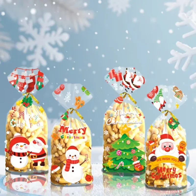 50 Pcs Colorful Printing Christmas Plastic Bag Opp Flat-Mouthed Xmas Gift Popcorn Bag Candy Cookies New Year Gift Packaging Bag
