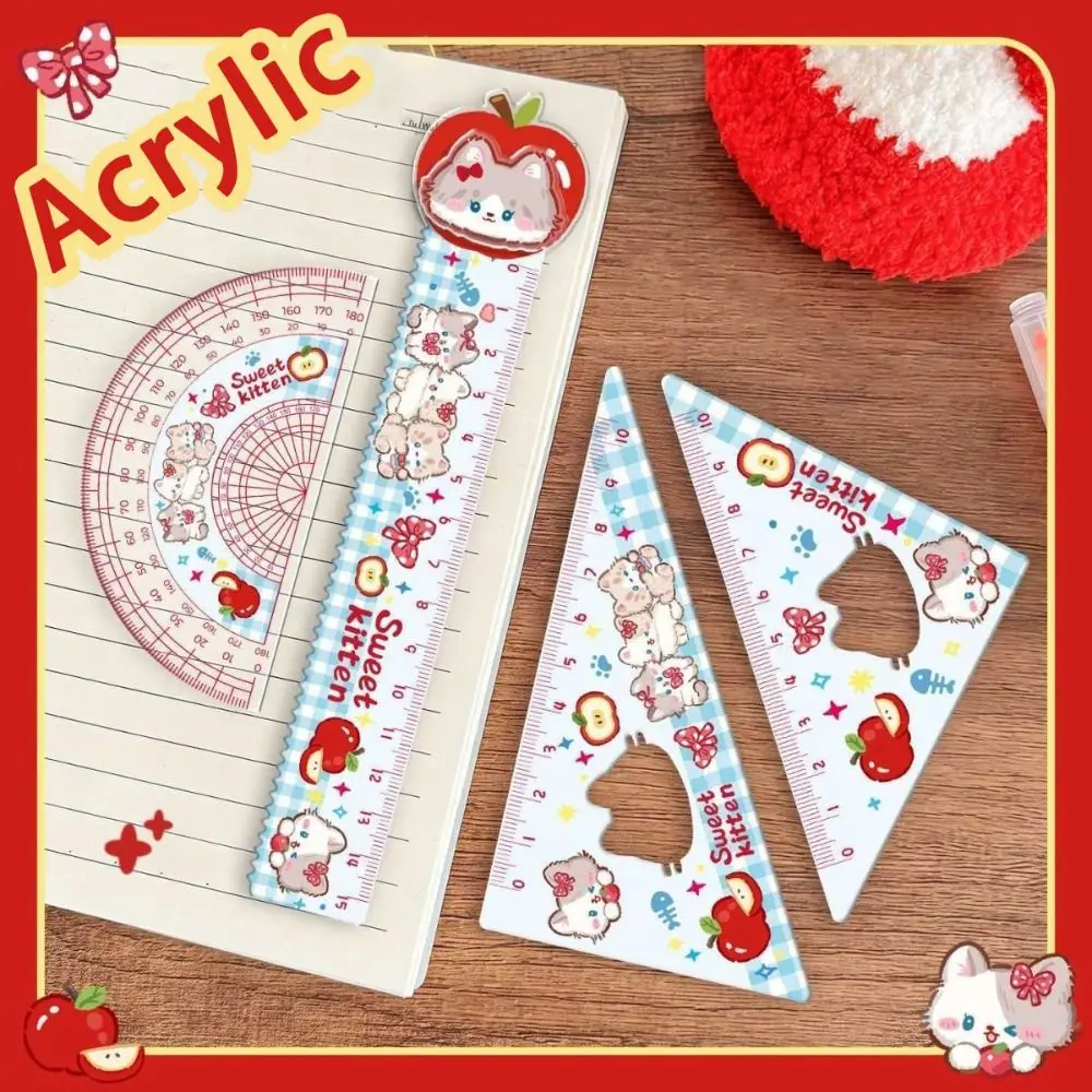 4pcs New Acrylic Ruler Set Red Kitten/Green Puppy Measurement Drawing Stationery Set Square Protractor Students
