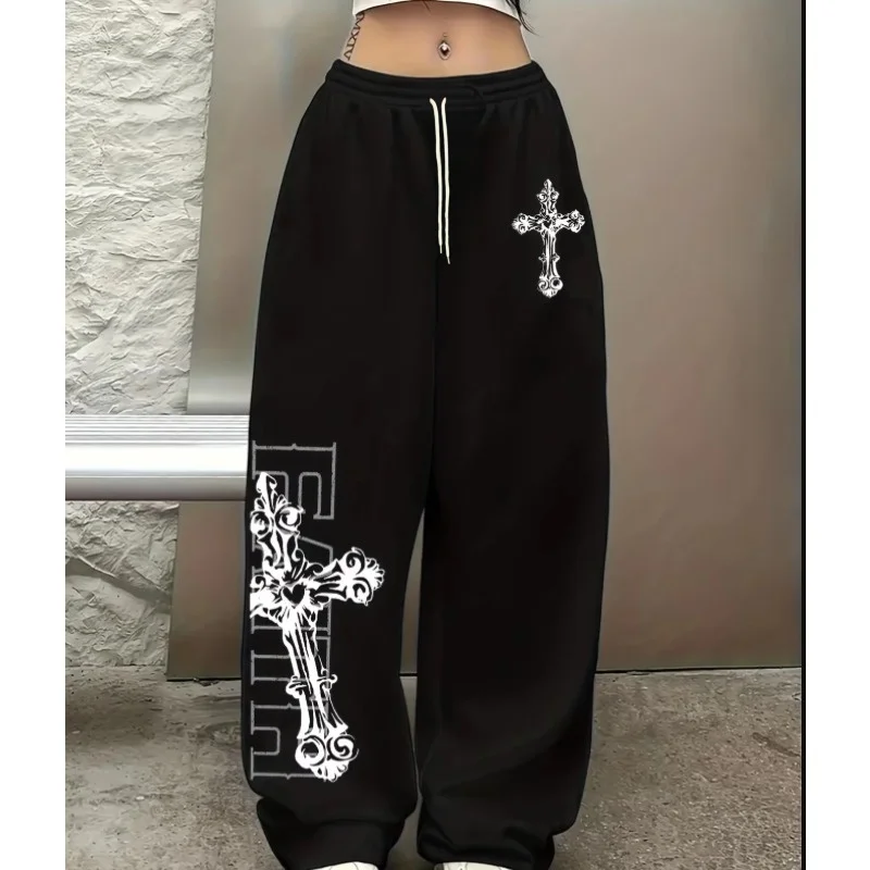 Unisex Gothic Streetwear 3D Vintage Cross Pattern Print Quick Dry Straight Pants Elastic Drawstring Waist Trousers Street Outfit