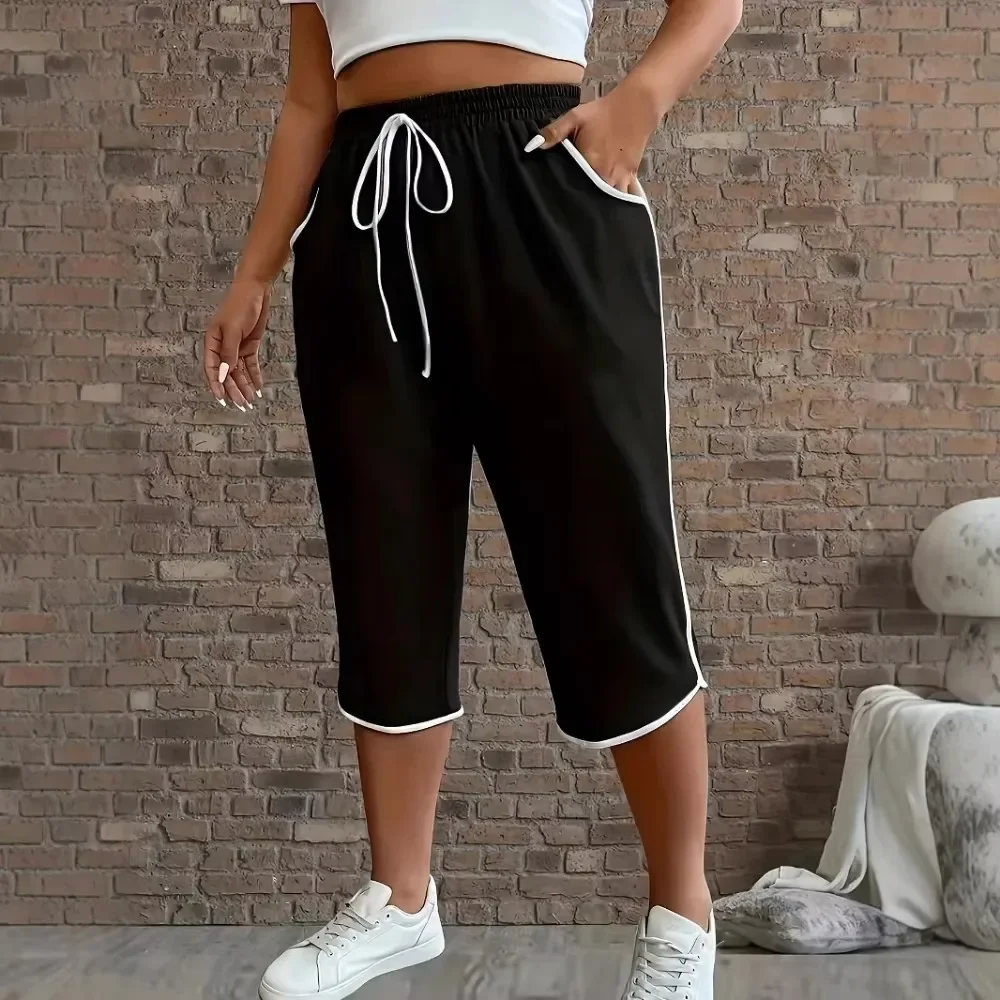 Women Faux Drawstring Cropped Pants Solid Loose Fit All-Season Casual Daily Comfy Capri Trousers