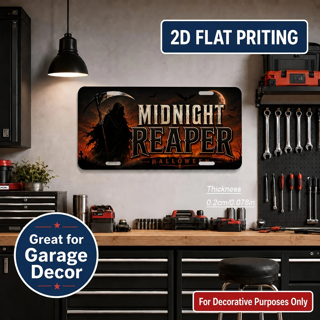 2D Flat, [2D Flat] 2D Flat Print, 1pc, Halloween Reaper Themed Vintage License Plate, Home Decor, Birthday Gift, Vintage Wall Ar