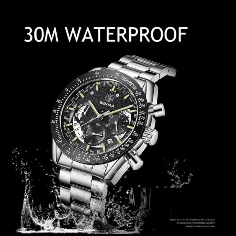 BENYAR BY-5120M Men's Watch PE903 Movement Multi-function Chronograph Leather Band Business Sports Men's Wrist Watch