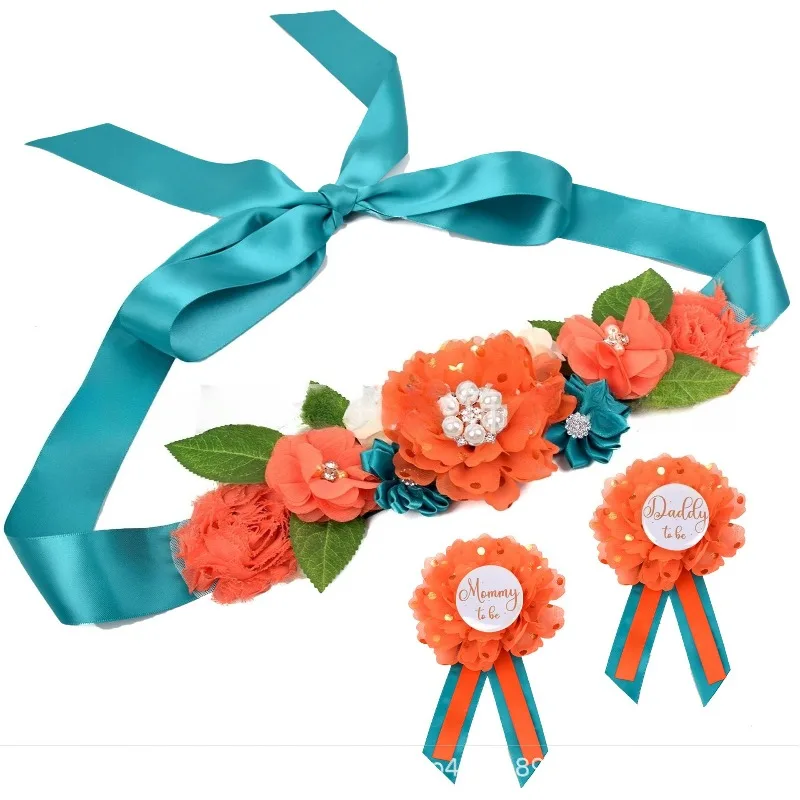 1세트/ 베이비 샤워 출산 새시 배꼽 벨트-핑크 꽃 새시 세트 엄마 & 아빠 예정자 코사지 핀 성별 공개용