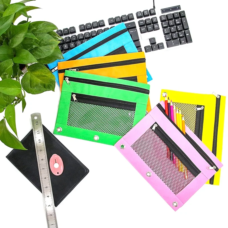 10Pcs Pencil Bags Pencil Case With Double Pocket And Mesh Window For 3 Ring Binder-Zipper Pencil Pouches