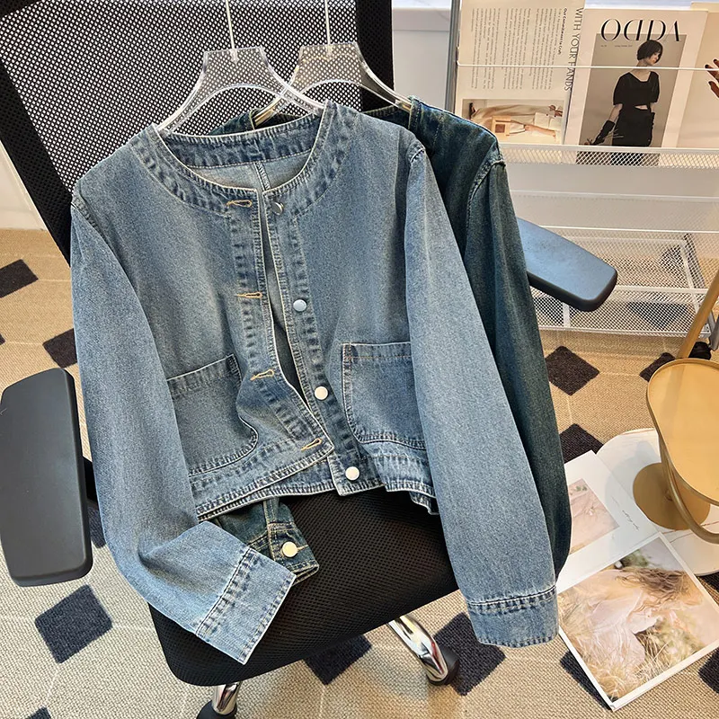 Light Blue Retro Denim Jacket Women\'s Spring Single Breasted Loose Cardigan Short Top Autumn O-Neck Long Sleeve All-Matched Top