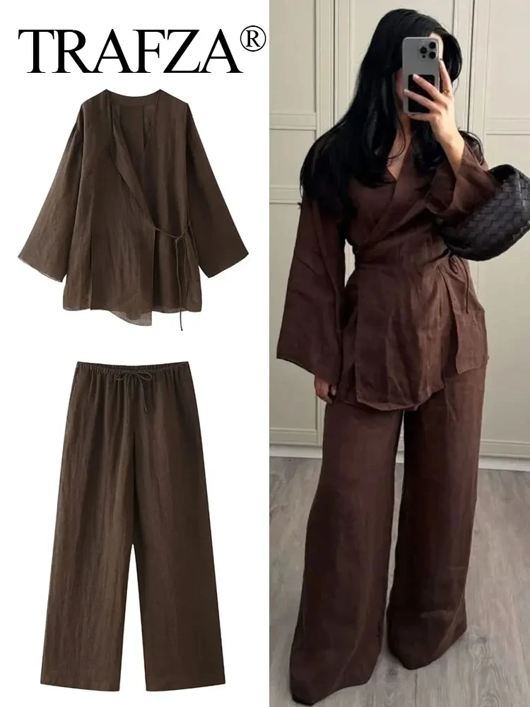 TRAFZA Women Casual Pajama Style Blouse Pant Suit Loose Long Sleeve Lace Up Shirt Drawstring Wide Leg Pants Trousers Y2K Sets