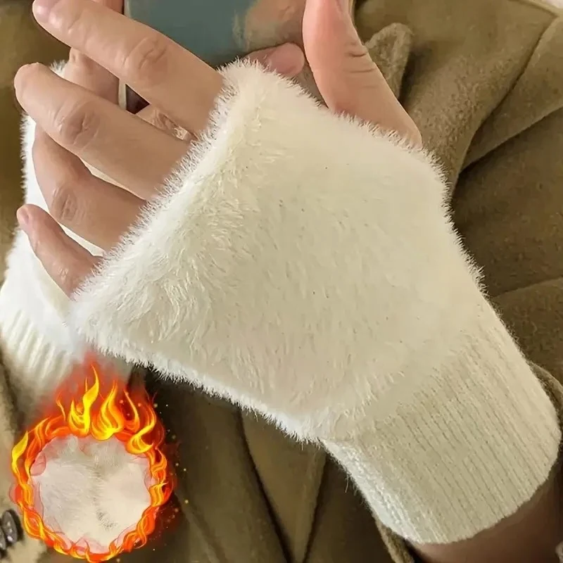 Cute Plush Half Finger Gloves for Women Warm Cold Proof Autumn Winter Office Versatile Fashion Comfortable Soft Touchscreen