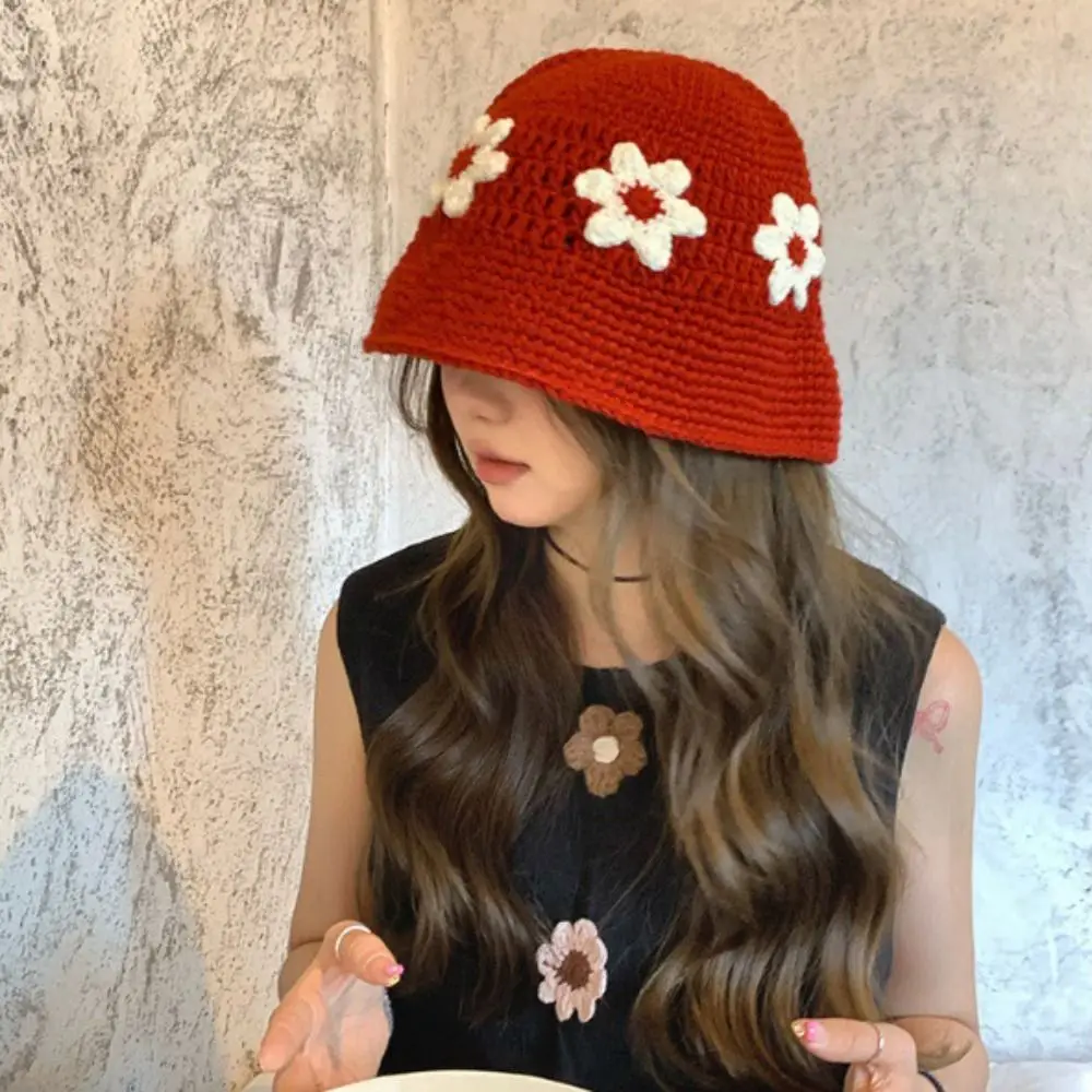 عارضة اليدوية زهرة الكروشيه محبوك قبعة الكورية نمط الحلو قبعة صغيرة لطيف المرأة صياد قبعة في الهواء الطلق
