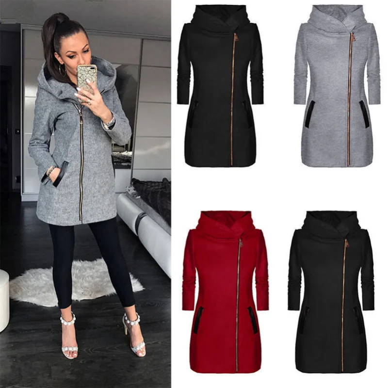 

New Womens Winter Jacket Coat Fashion Women Zipper Mid-Length Coat for Spring Fall Solid Color Long Sleeve Hooded Coat