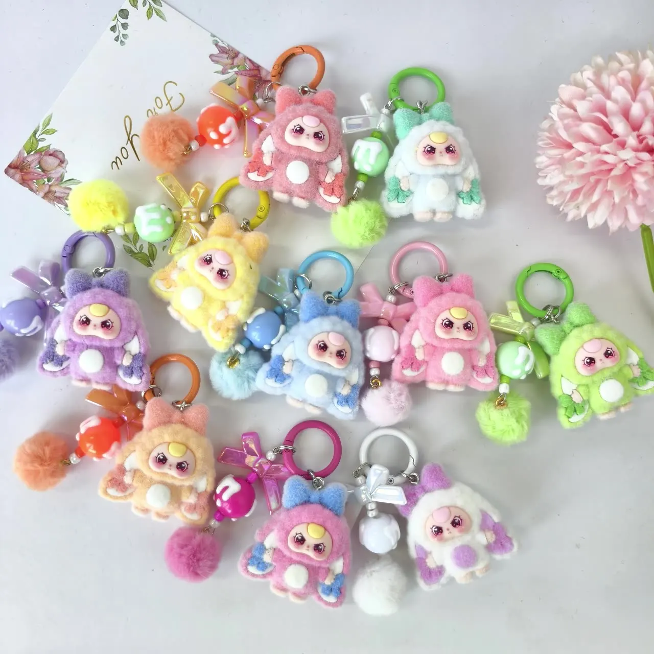 

New Cute Flocked Baby Three Keychain Cartoon Anime Keychain Backpack Couple Festivel Gifts Keyring Mobile Phone Pendant Key Ring