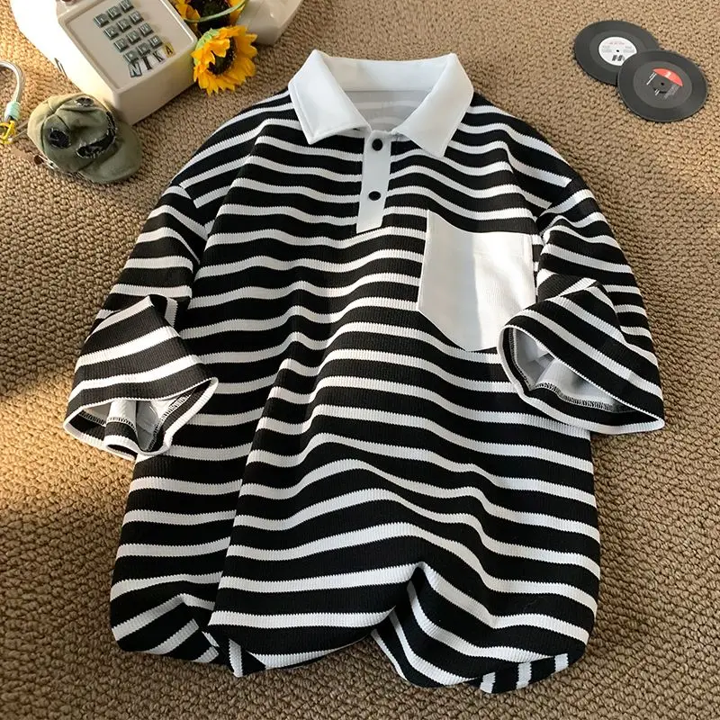 Summer trend men and women hip-hop personality waffle stripes POLO short sleeved couple loose vintage casual T-shirt top y2k