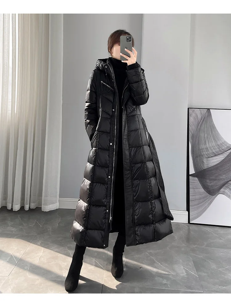 Ladies Winter Long Down Jacket High Grade Zipper Belt Black Navy Blue Down Coat Down Jacket Women Coats