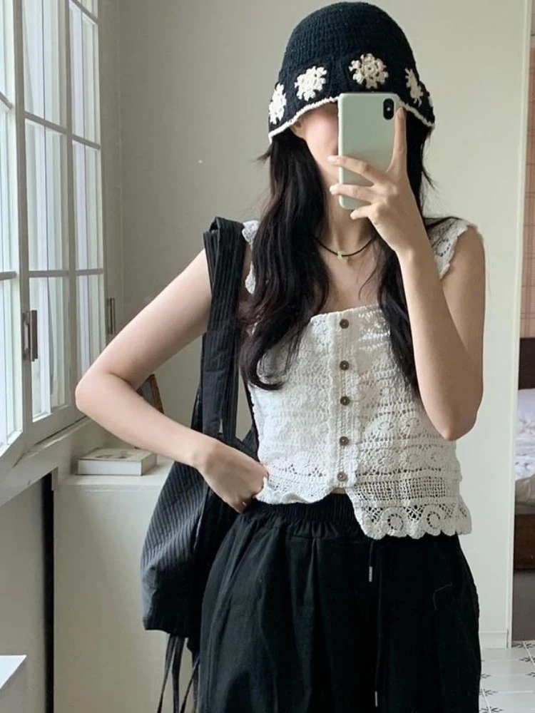 

Женский вязаный ажурный винтажный кардиган с квадратным воротником и одной пуговицей, топ без рукавов, шикарный топ Pure Desire, летняя мода