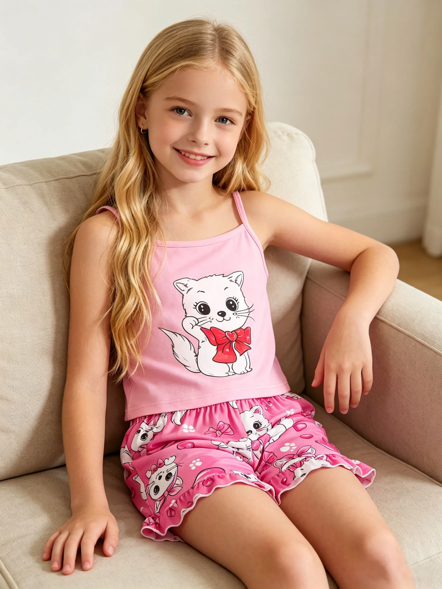 Summer fashion home clothes for girls, outdoor casual cat pattern pink top, vest, shorts for girls