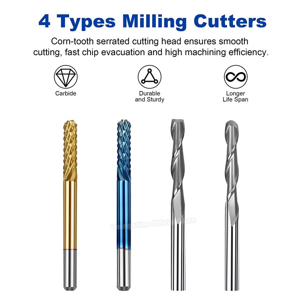 3.175mm Carbide Double-Flute Spiral Ball-Nose End Mill/Double-Flute Spiral End Mill CNC Router Bits Tools 2 Flute Milling Cutter