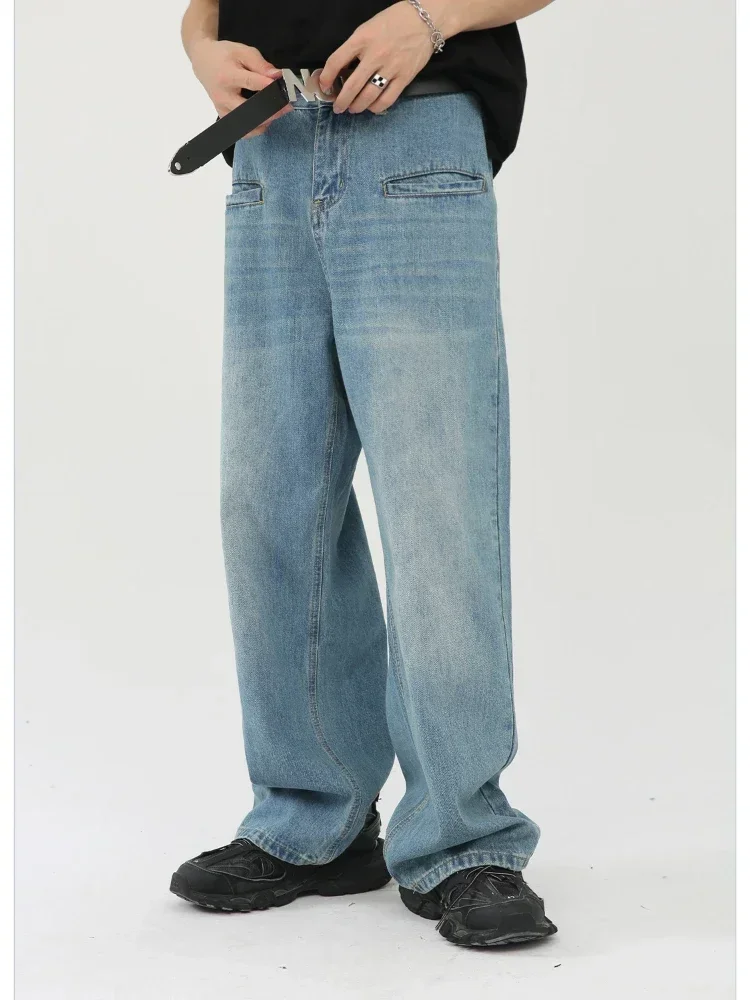 

Floor Length Pant Men Jeans Denim Wide Leg Pants Pocket High Waist Splice Casual Loose Straight Trousers Autumn Winter 2024