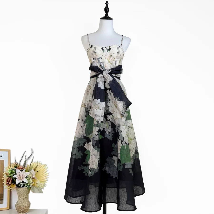 

Summer women's suspender tube top dress beaded print lace-up