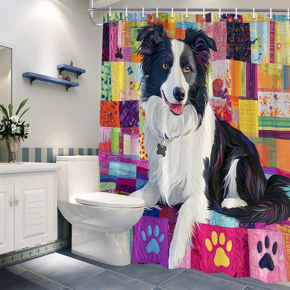 1pc Quilted Border Collie Shower Curtain - Vibrant Black & White Dog with Expressive Eyes on Colorful Patchwork, Purple Collar