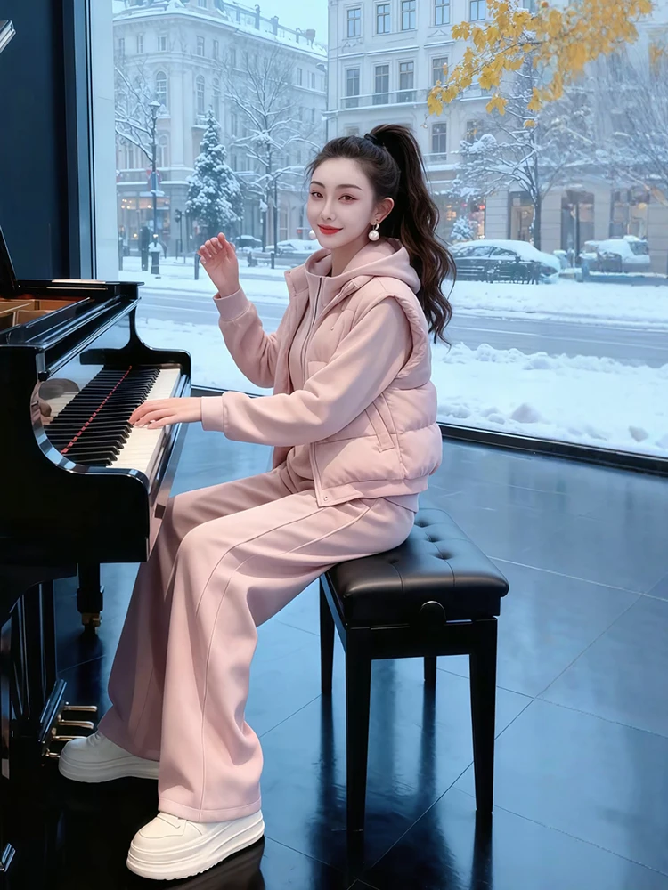 

Thiened Fce Women's Sportswear Set Vest Sweatirt Sweatpants Trendy Casual Winter Outfit Tee-Piece Ensemble