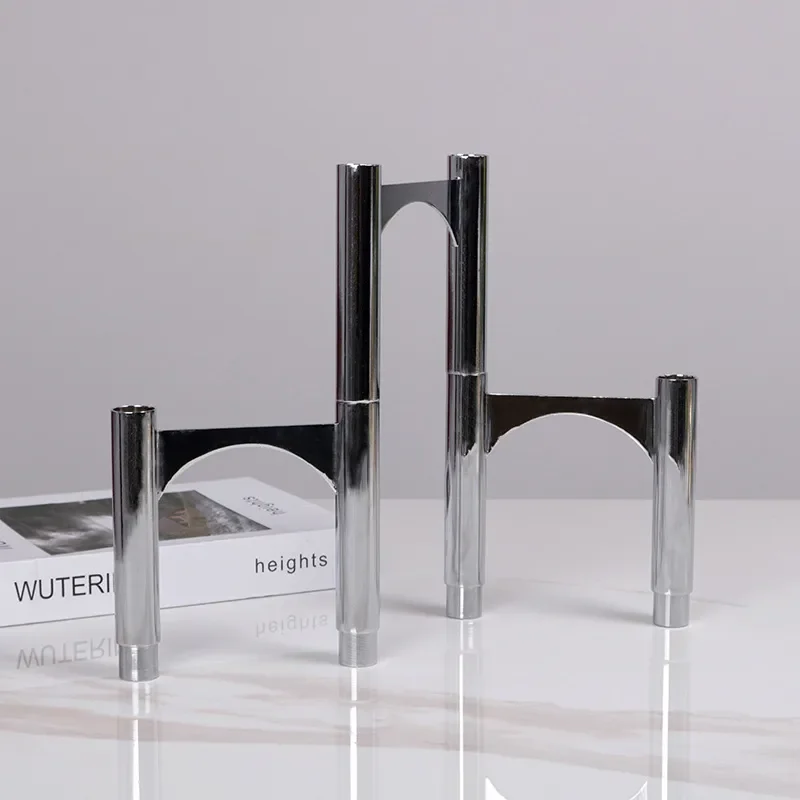 Nordic Style Silver Metal Geometric Candle Holder Set Modern Light Luxury Home Decor Ornament for Dining Table Centerpiece