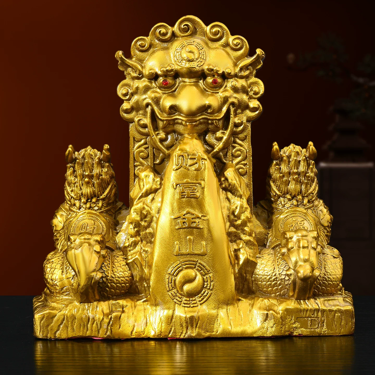 Feng Shui Taishan Stone Tablet Statue， Brass Evil Warding Ornament with Lion Head Double Kirin， Ba Gua Corner Remedy for Home Of