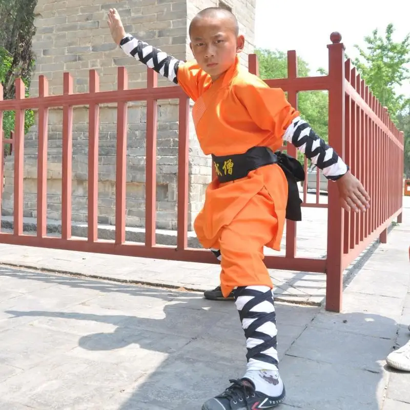 Shaolin Buddhist monk costume, orange monk robe, Shaolin martial arts, children and adults' martial arts performance costume