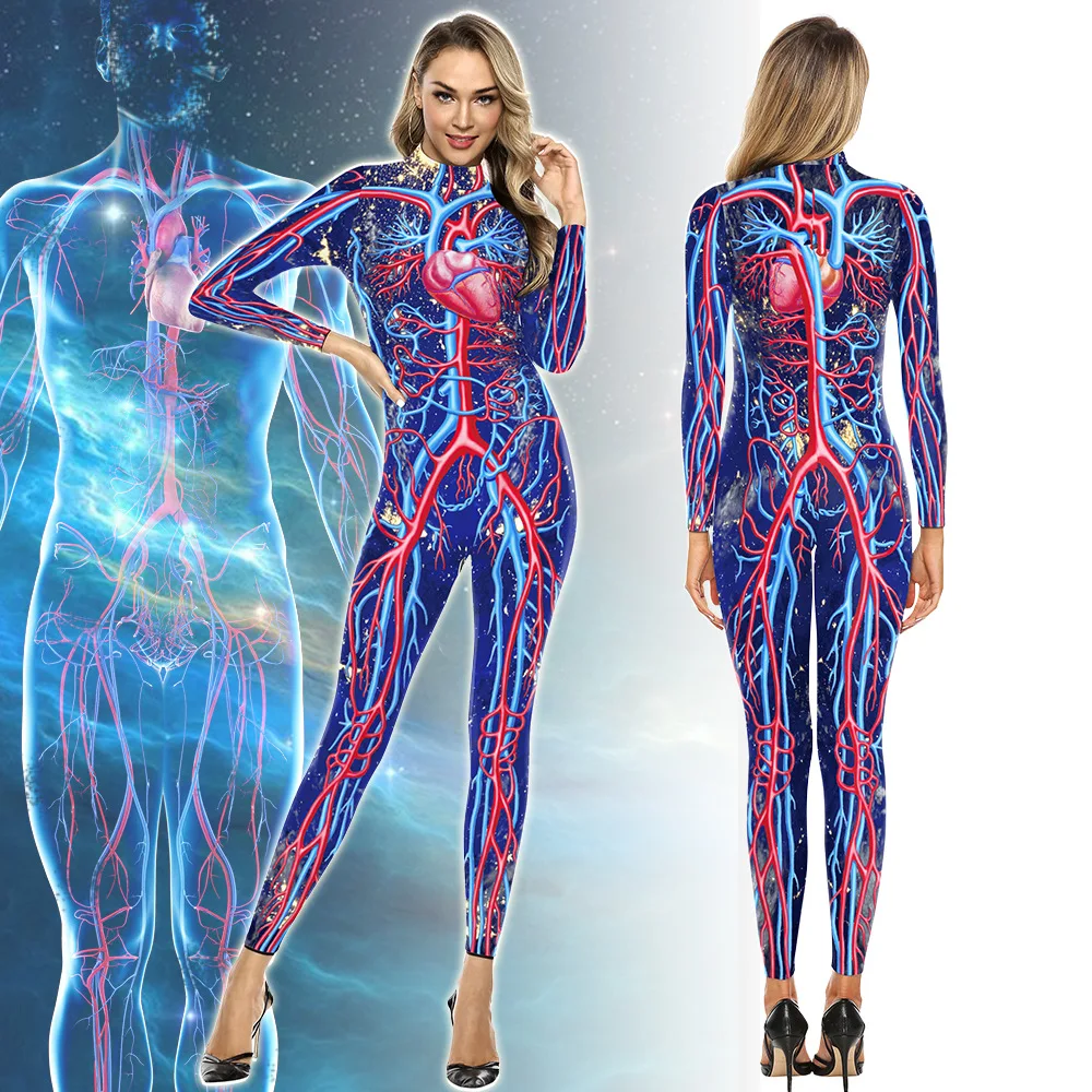 Human Body Organ Printed Jumpsuit Men Women Blood Vessel Print Halloween Cosplay Costume Long Sleeve Party Show Bodysuit Outfit