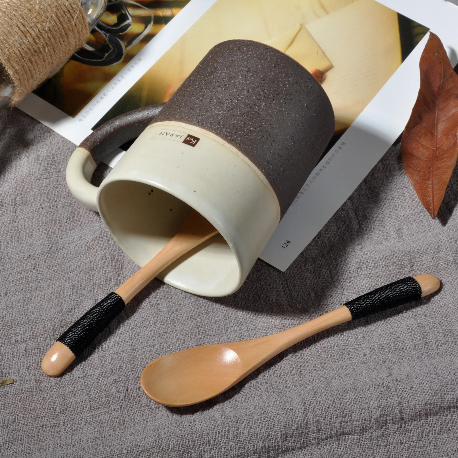 Natural Magnolia Wood Spoon Japanese Style Thread Wrapped Pointed Tip Soup Ladle Stirring Utensil for Home Cooking Wholesale
