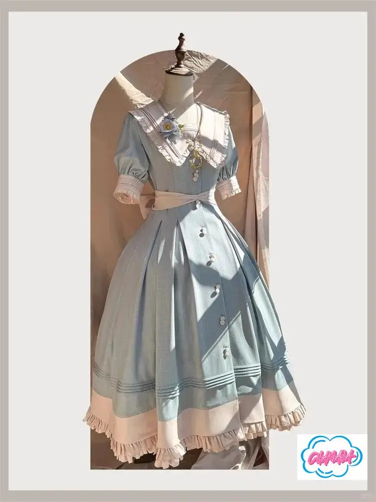 

Japanese Original Elegant Temperament Retro Style Lol Medium Sleeve Top Dress Waist Chic Front Buckle Design and Skirt Summer