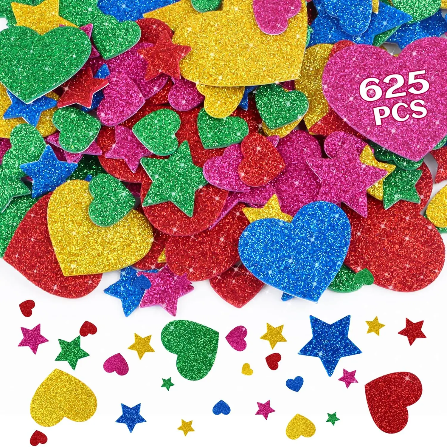 625Pcs Glitter Heart Foam Stickers Colorful Self Adhesive Mini Star Heart Shapes Sticker,Foam Sticker for Valentine's Day