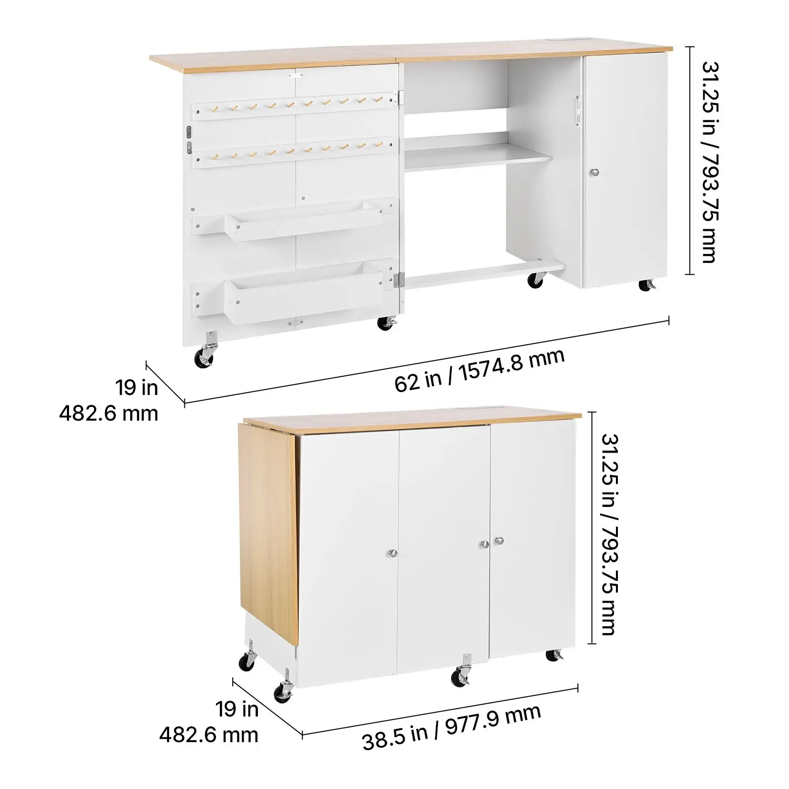 Folding Sewing Table, Multipurpose Sewing Machine Table with Cabinet, Charging Station, Compact Design, Wheels, Wooden Pegs, Sto