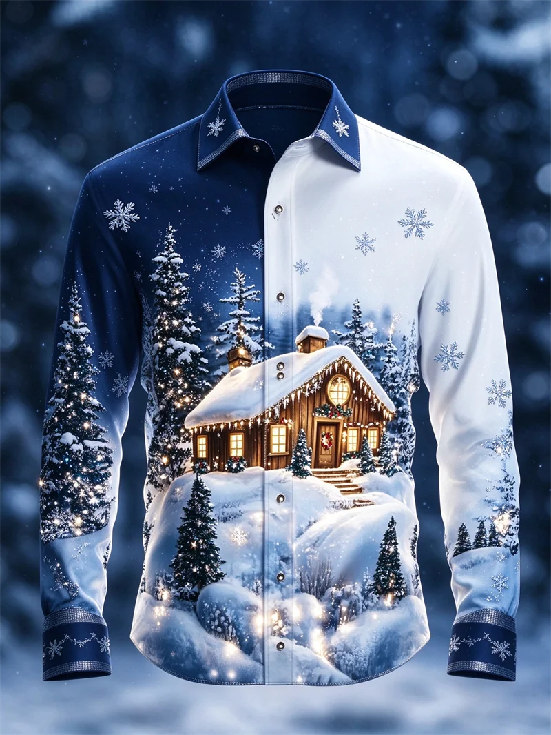 New men's blue and white Christmas long sleeved shirt, forest hut pine tree snowflake print lapel holiday shirt