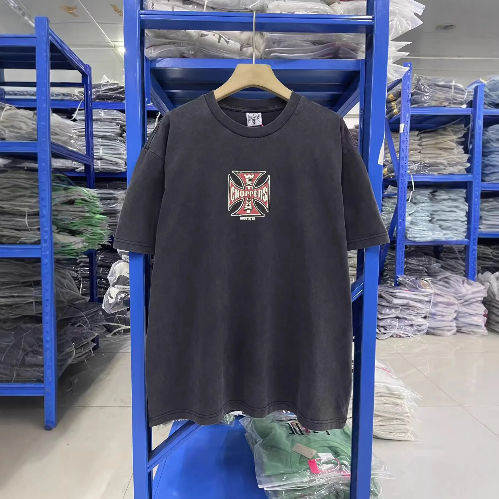 

West Coast Choppers Cross-Print Washed Water-Damaged Loose Retro Short-Sleeved T-Shirt for Men and Women