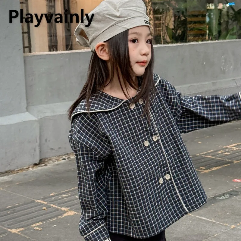 

Новинка 2023 года, весенне-осеннее пальто в корейском стиле для маленьких девочек, кофейная, черная, в клетку, верхняя одежда с большими лацканами, модная детская одежда A6502