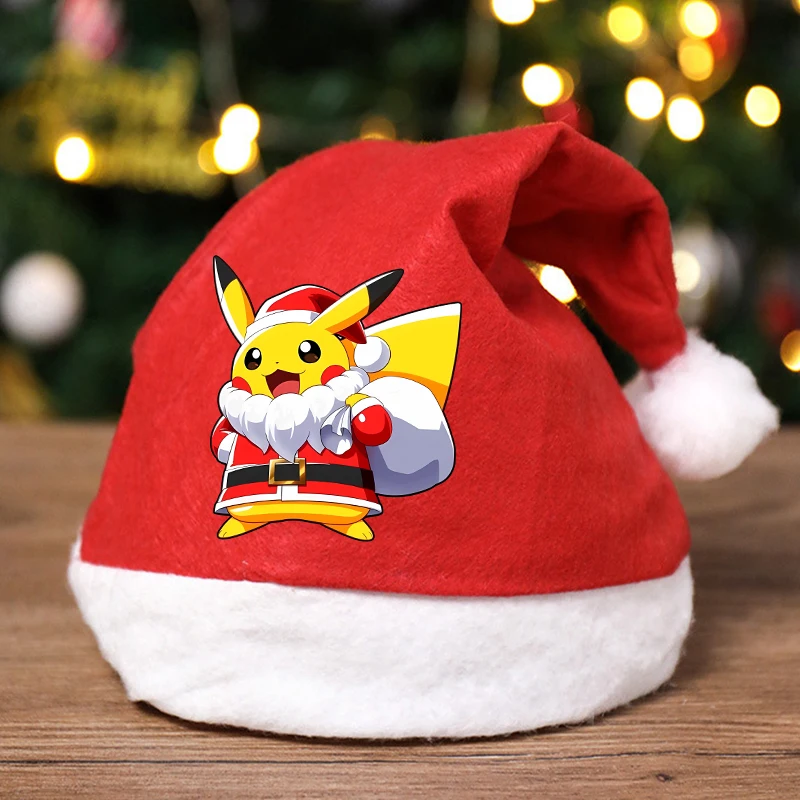 Рождественская-шапка-с-изображением-Покемонов-Пикачу-для-взрослых-и-детей-шапка-Санта-Клауса-декор-для-рождественской-вечеринки-новогодние-рождественские-шапки-из-нетканого-материала