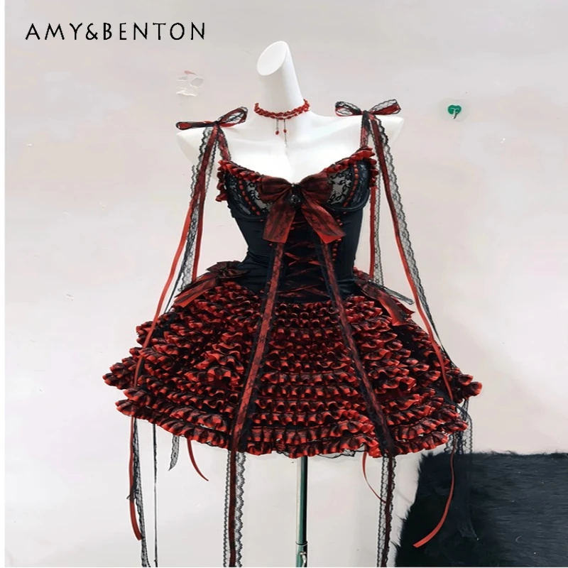 

Original Gothic Design Black Red Christmas Skirt Autumn New Hollow Out Big Bow Lace Strap Layered Princess Skirts Suit Ladies