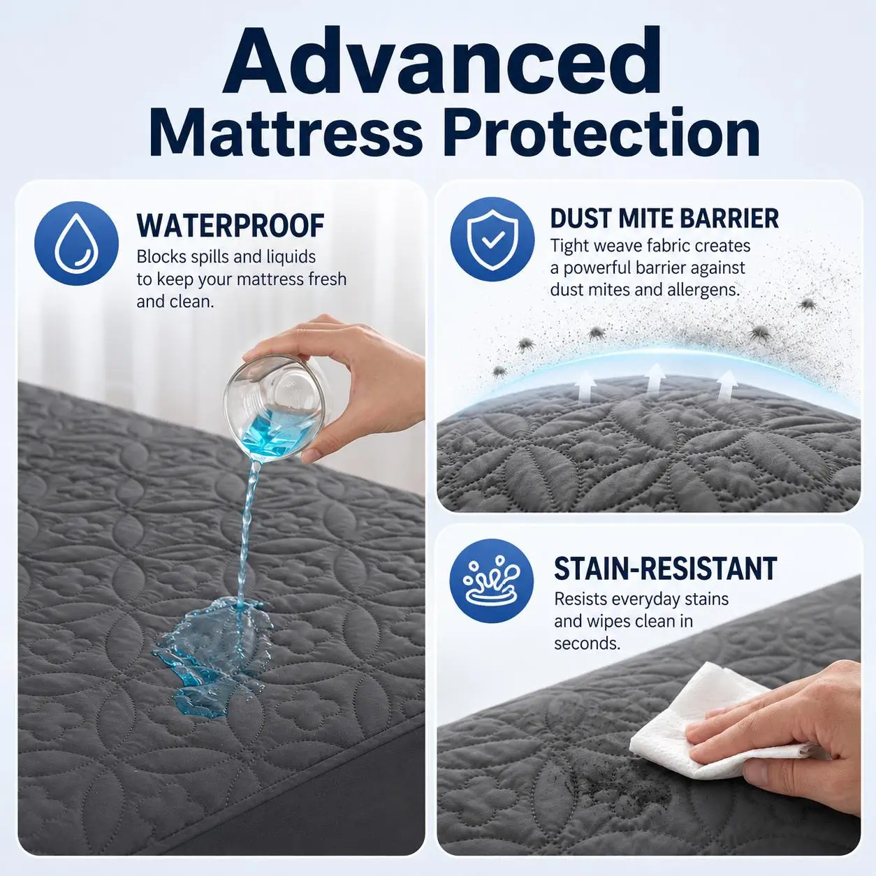 Premium Waterproof Quilted Mattress Protector Soft Noiseless Fitted Mattress Pad Deep Pocket Breathable Machine Washable Bed Cover Sheet Twin Full Queen King Size Home Hotel Bedding
