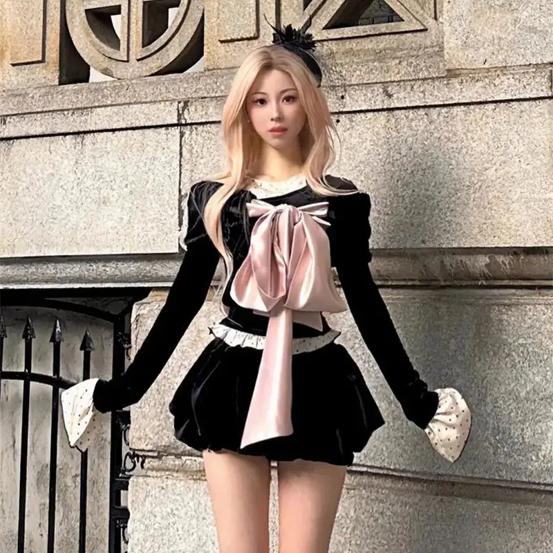 

Elegant Fashionable Three-Piece Skirt Suit With Polka Dot Stitching Long-Sleeved Top Bow Tie Shawl Winter