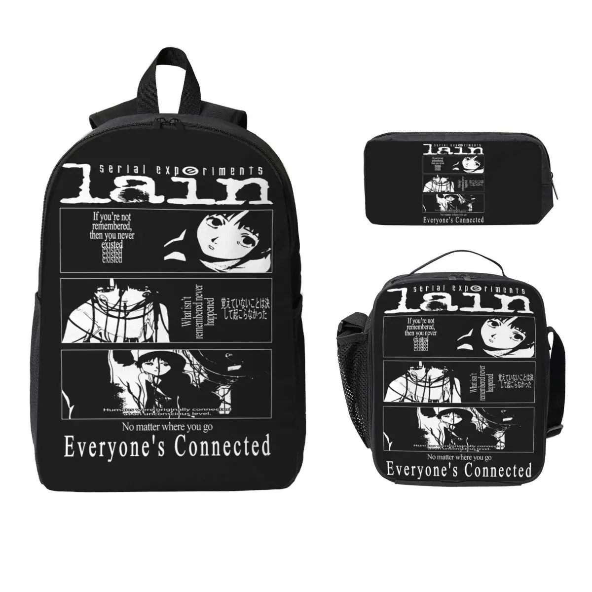 Serial Experiments Lain Backpack Boys Girls BookBag School Bag Laptop Shoulder Bags 3ps Insulated Lunch Bag Pencil Case